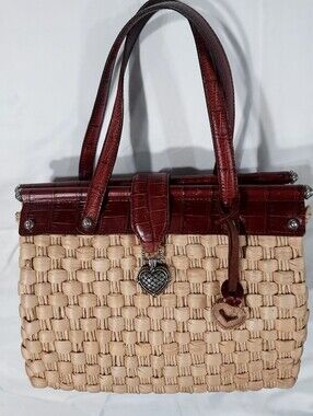 Brighton Ruth Woven Straw Purse with Brown Leather Trim